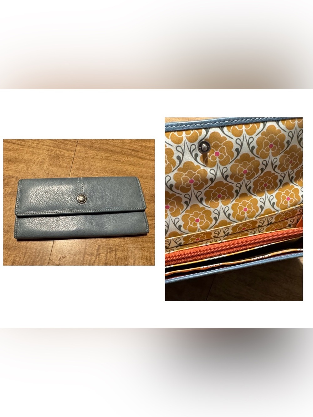Fossil Blue Genuine Leather Wallet Clutch with Snap Closure
